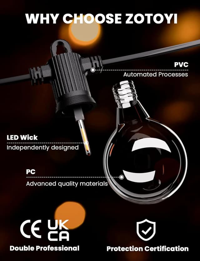 Detalle de ZOTOYI catena luminosa LED per esterno 60 metri con lampadine G40, bianco caldo, IP65