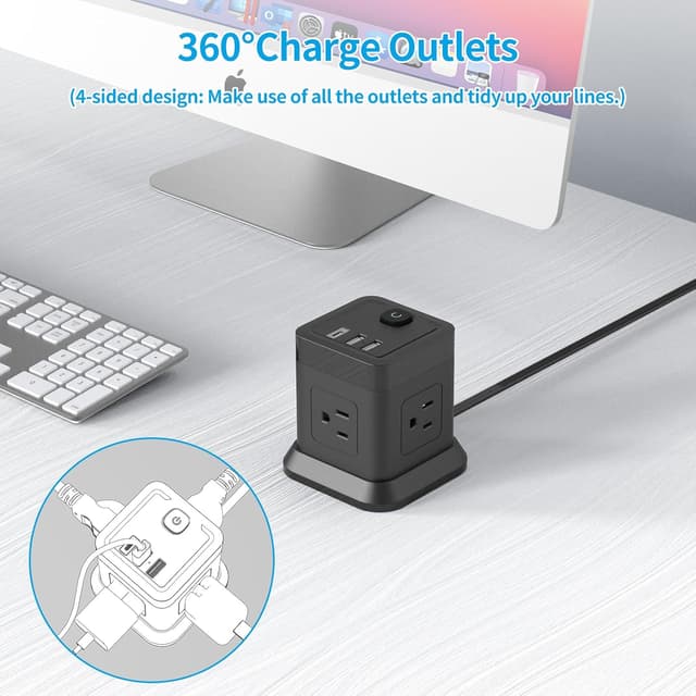 Detalle de FDTEK Flat Plug Power Strip with USB (4 AC + 3 USB), 5 ft Cube Extension Cord, Overload Protection, Black