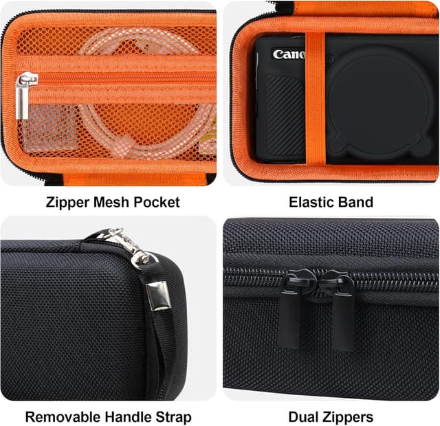 Detalle de BOVKE Hard Case + Silicone Cover for Canon PowerShot SX740 SX730 (Shockproof EVA storage bag, lens cover, wrist strap) – Black + Orange