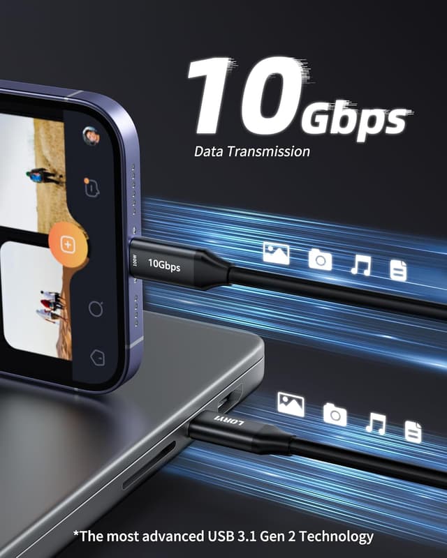 Detalle de Loryi USB-C auf USB-C Kabel Schnellladung (100 W), 1,2 m – 10 Gbit/s und 4K/60 Hz für MacBook, iPad & mehr