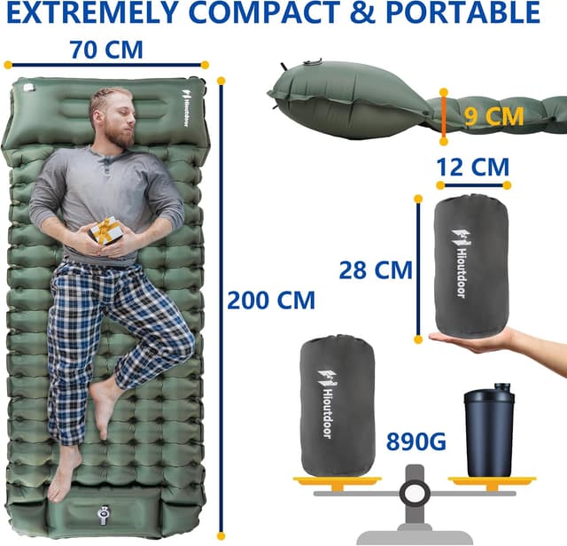 Detalle 2 de Hioutdoor Isomatte 10 cm ultraleicht aufblasbar mit Fußpumpe – Camping-Schlafmatte (Grün)