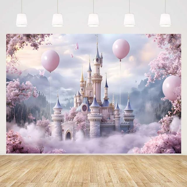 Detalle de MEHOFOND 7x5ft Girls Birthday Backdrop Pink Balloon Floral Castle Cloud Photography Background