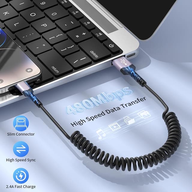 Detalle de 3-Pack Coiled Lightning Cable for Car (MFi Certified) USB-A to Lightning Retractable iPhone Charger