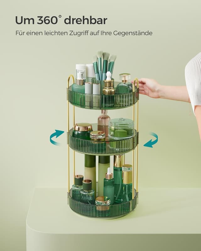 Detalle de SONGMICS Make-up Organizer drehbar JKA011C01 mit 3 Ebenen (360°) – Kosmetik-Aufbewahrung für den Schminktisch in Hellgrün