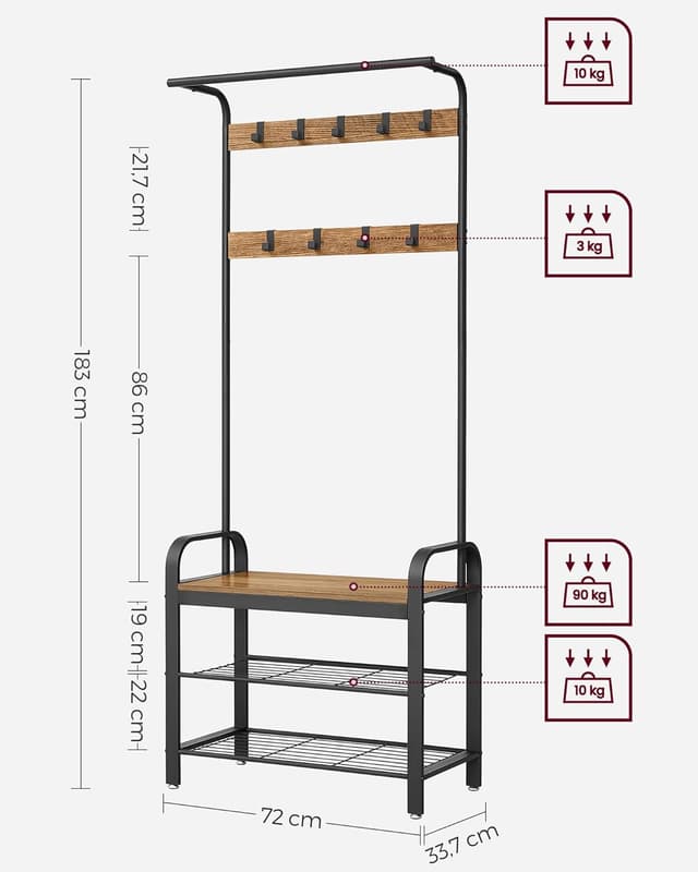 Thumbnail 6 de VASAGLE Appendiabiti con scarpiera e panca HSR040B41, 4 in 1 per ingresso con 9 ganci rimovibili