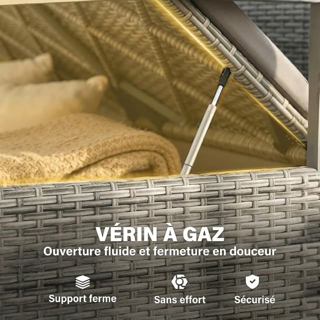 Detalle de Outsunny Banc de jardin avec coffre de rangement 170 L – banquette 2 places en résine tressée grise