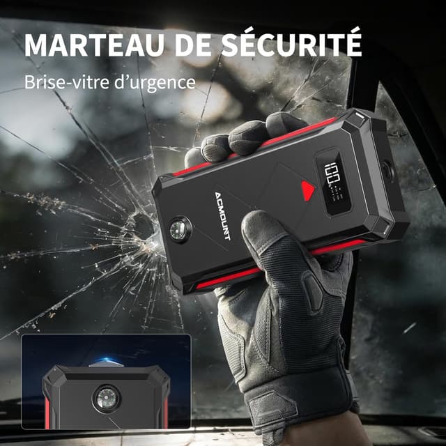 Detalle 1 de Acmount 7000A Booster Batterie Voiture 23800 mAh – démarreur 12 V avec pinces intelligentes, écran LCD et LED 3 modes