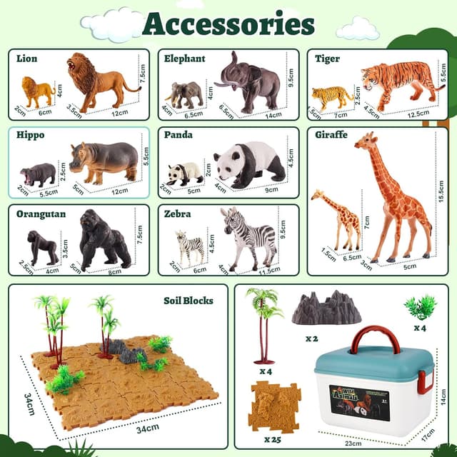 Detalle 1 de TOEY PLAY 52PCS Animal Mother & Child Jungle Safari Figures Set with Soil Blocks & Carry Case