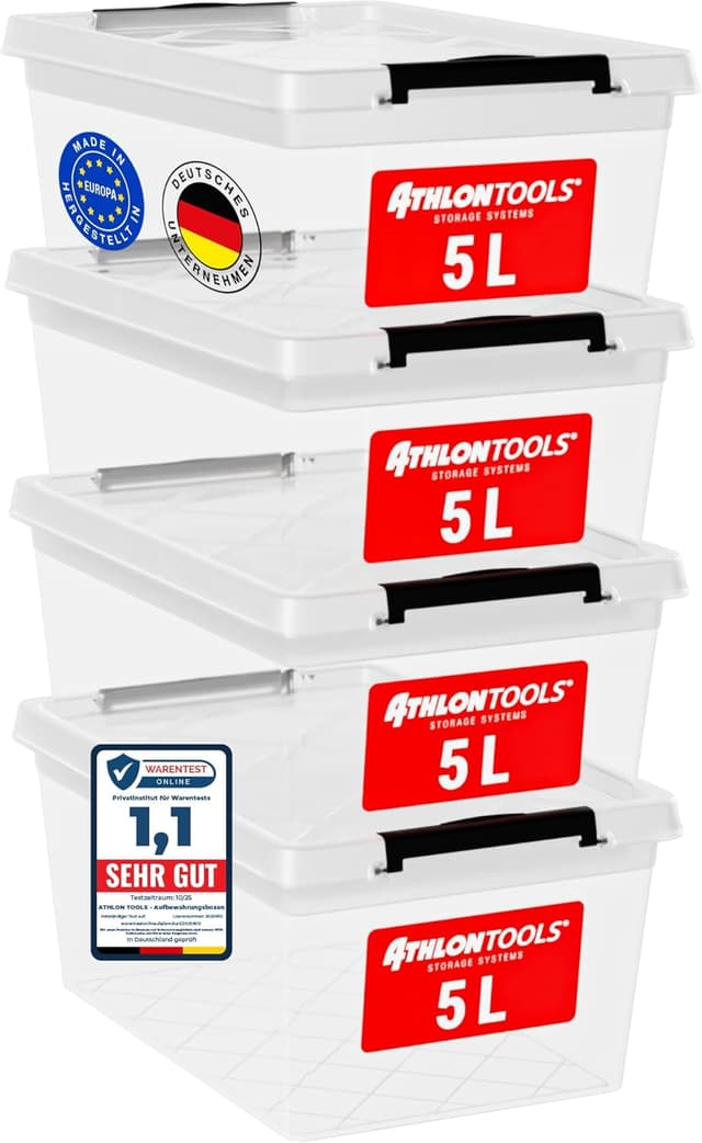 Detalle de ATHLON TOOLS 4× 5-L Aufbewahrungsboxen mit Deckel – transparente, lebensmittelechte Plastikboxen stapelbar mit Verschlussclips