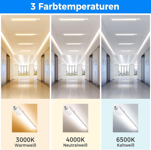 Detalle de Peasur LED Feuchtraumleuchte 120 cm (4er-Set) IP65 mit 3000K/4000K/6500K, 36 W & 3.960 lm