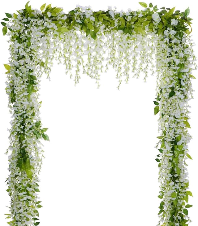 Detalle de Lvydec Wisteria Artificial Flowers Garland (4 Pack) — White Silk-Style Hanging Vine Decor for Weddings & Outdoor Ceremonies