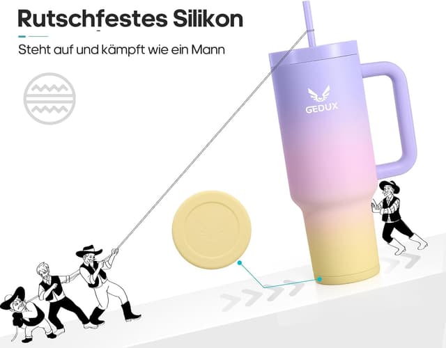 Detalle 2 de Gedux Trinkflasche mit Strohhalm 1,2 l – Thermobecher mit Henkel, doppelwandiger Vakuumisolierung und auslaufsicherem Deckel