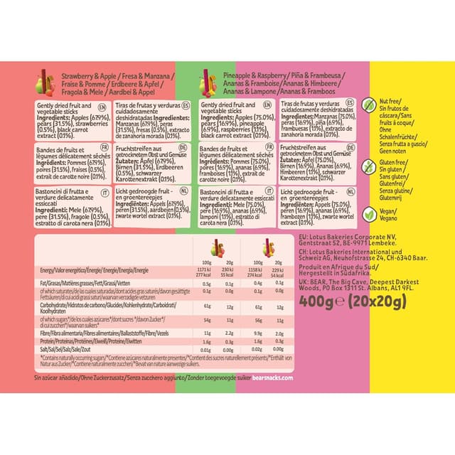 Detalle 2 de BEAR Fruit Splits Mixbox – Fruchtsnacks ohne Zuckerzusatz in Beuteln, 20 x 20 g