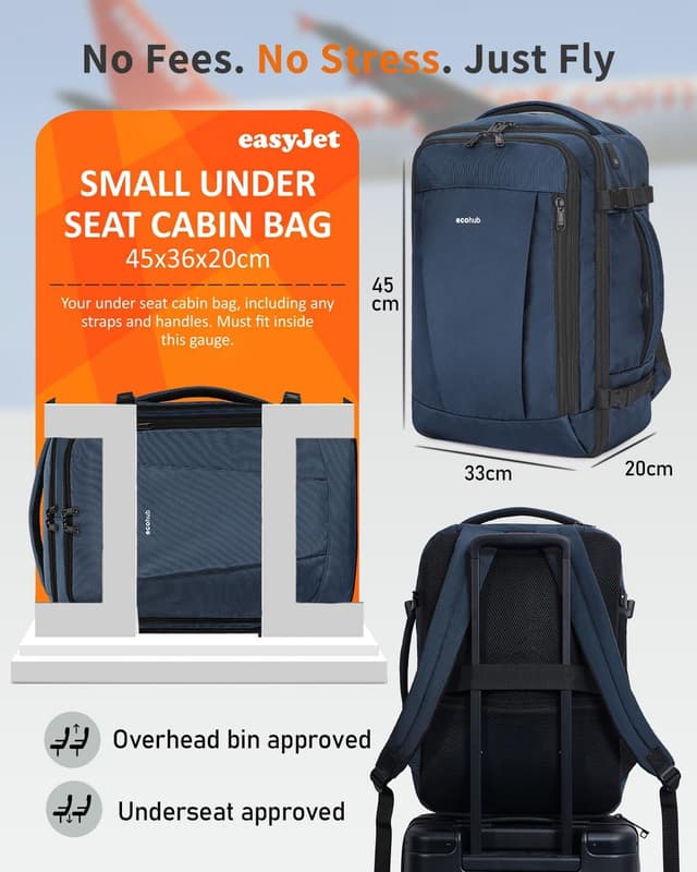 Detalle 2 de ECOHUB Easyjet Cabin Bag 45x36x20 Underseat Backpack 30L (Waterproof, Recycled) – Blue