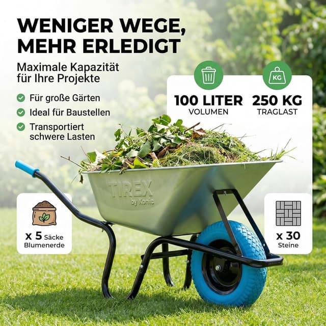 Detalle de TIREX by xonic Schubkarre mit Stahlfelge – verzinkte Wanne bis 250 kg / 100 l, PU-Vollgummi-Rad (Blau/Silber)