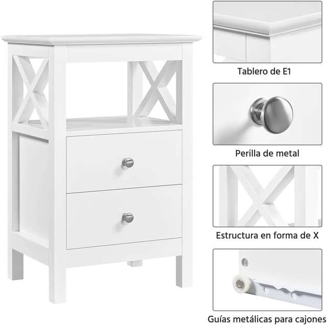 Detalle 2 de Yaheetech Mesita de Noche blanca 40x30x60 cm
