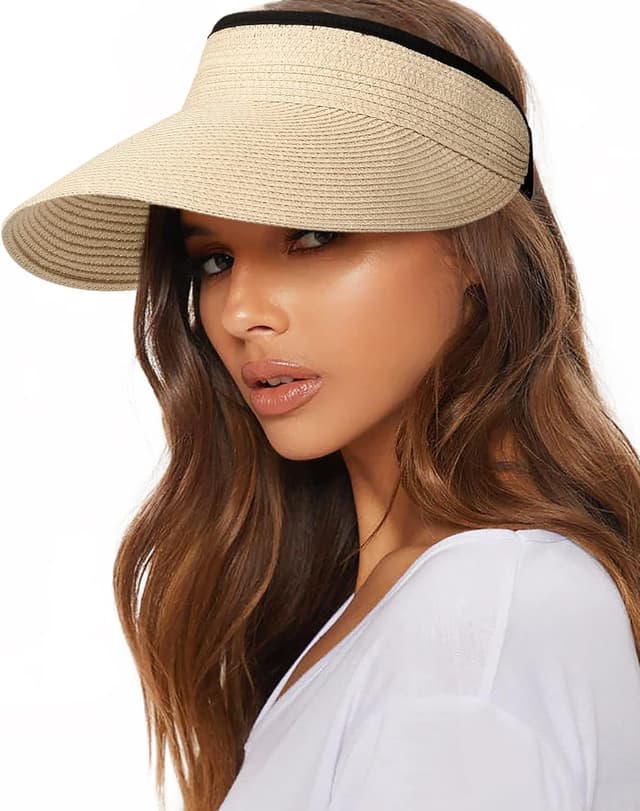 Detalle de FURTALK Women’s Sun Visor Hat (Straw) with UPF 80+ and Packable Ponytail Fit