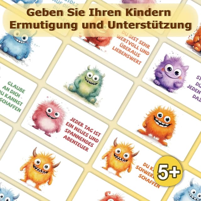 Detalle de Oizemori 20 Affirmationskarten für Kinder – Mutmacher mit Monster-Motiven für Schule, Kita & Brotdose