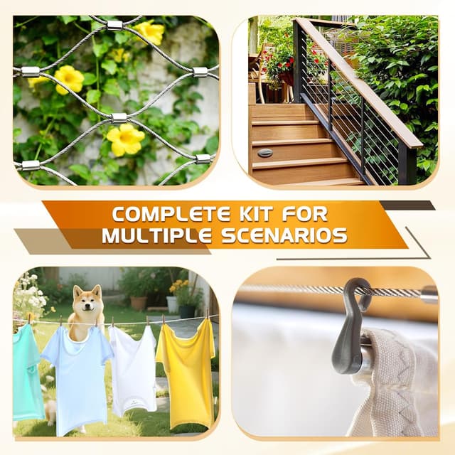 Detalle de 94-piece 304 Stainless Steel Wire Rope Kit (PVC Coated) with M4 Turnbuckles – 60m Garden Wire