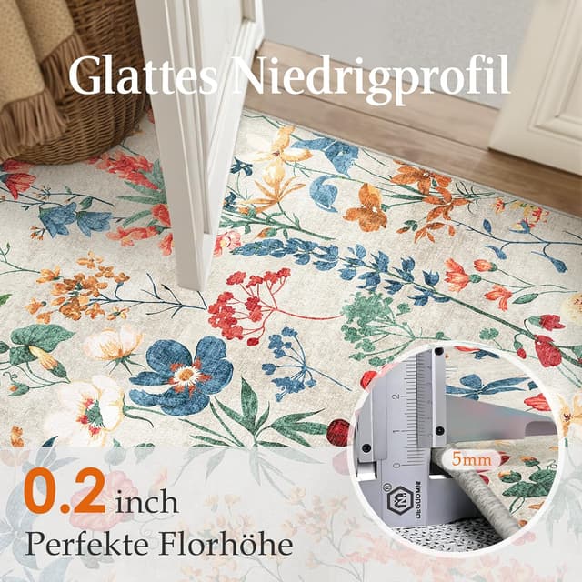 Detalle de Beige waschbarer Teppich mit Blumenmuster 120x170 cm – kurzflor, rutschfest für Wohn- und Schlafzimmer