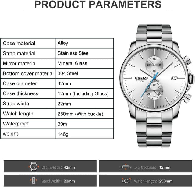 Detalle de Affute Orologi da uomo in acciaio inox e metallo con cronografo al quarzo e impermeabilità 3 ATM