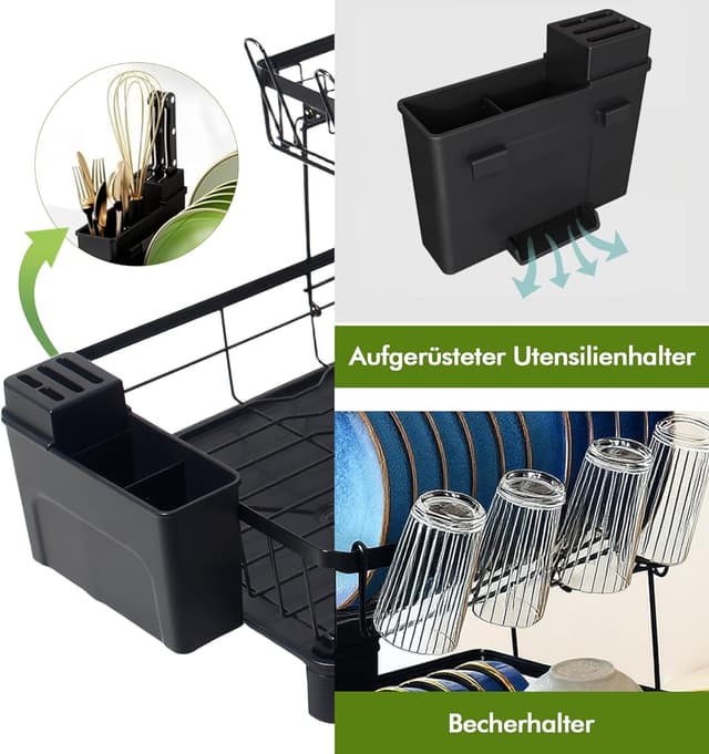 Detalle de Theo & Cleo 2-stufiges Abtropfgestell für Geschirr mit 360° drehbarem Auslauf & Abtropfschale (schwarz)