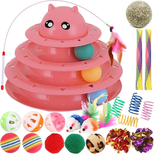 Detalle de Speedy Panther 21 Pack Cat Toys Set for Indoor Cats: 3-Level Ball Tower & Self-Play Interactive Kit