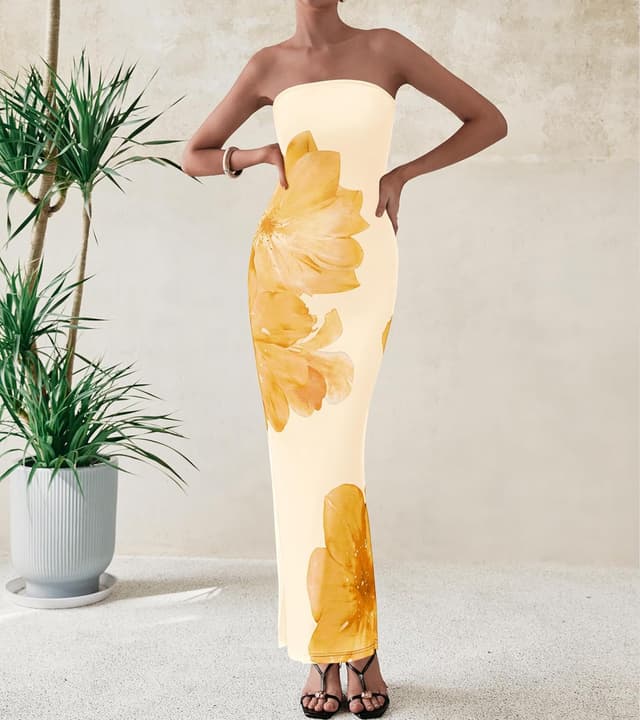 Detalle de PRETTYGARDEN Women’s Strapless Floral Maxi Dress (Mesh, Bodycon, Slit)