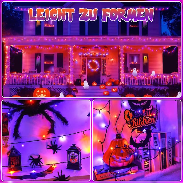 Detalle de Lincentra Halloween-Lichterkette außen 40 m (400 LEDs) Orange/Lila mit Timer & 8 Modi