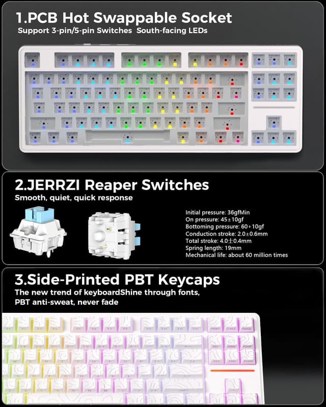 Detalle de K87 80% kabellose mechanische Gaming-Tastatur mit Hot-Swap (3/5-Pin), Dreifachmodus Bluetooth 5.0/2,4G/USB-C und 5000-mAh-Akku, QWERTY weiß