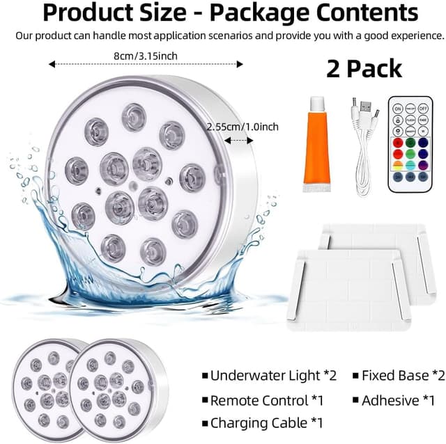 Detalle 2 de vsshe Pool Lights (2 Pack) Rechargeable Submersible LED Lights with Remote, IP68 & 16 Colour Modes
