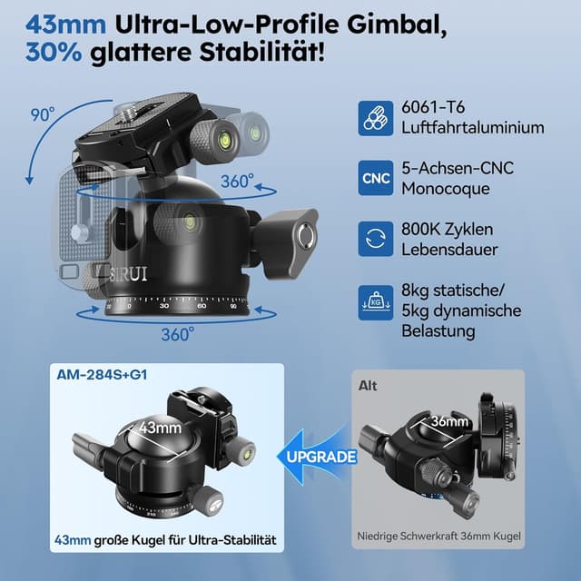 Thumbnail 4 de SIRUI AM-284S+G1 Carbon-Stativ mit 43-mm-Flachkugelkopf, bis 128 cm Höhe und 20 kg Traglast