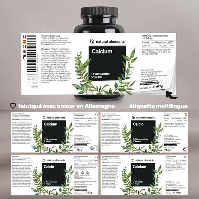 Detalle de Calcium Comprimés Vegan Fortement Dosés – 180 comprimés (800 mg de carbonate de calcium par dose quotidienne)