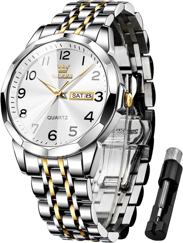 Detalle de OLEVS Business-Kleid Luxus-Herrenuhr Gold/Silber mit Leuchtziffern, Quarzwerk und 30 m Wasserdicht