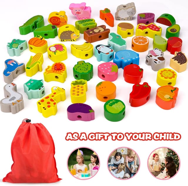 Detalle 2 de Sheirying Montessori Fädelspiel aus Holz mit 42 Perlen (ab 3 Jahren) – Motorikspielzeug zum Lernen