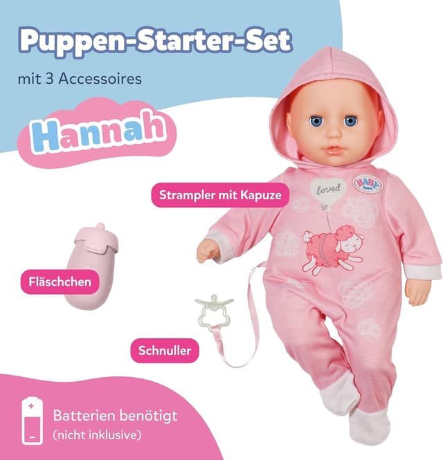 Detalle de BABY born Hannah Spiel mit Mir – Babypuppe mit 5 Funktionen, weicher Stoffkörper und Zubehör, 36 cm