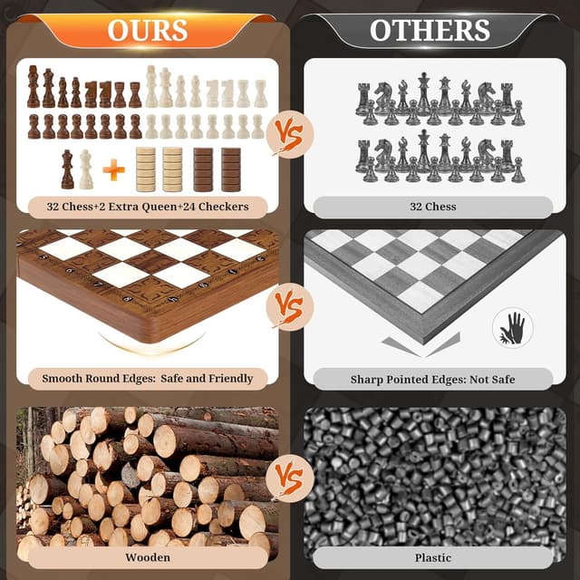 Detalle de Magnetisches 2IN1 Schachspiel (39 x 39 cm), klappbares Holzbrett mit 32 Figuren + 2 Damen