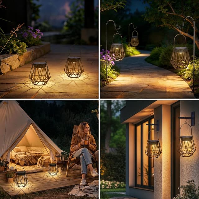 Thumbnail 6 de Ketom 2 Pezzi lanterne solari da esterno in metallo IP65, luce bianco caldo – design sospeso con gabbia