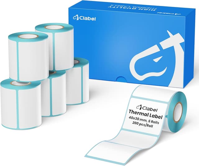 Detalle de CLABEL 6 rotoli di nastro bianco per stampante etichette 221B, 230B e 320B (40 x 30 mm) – etichette termiche autoadesive