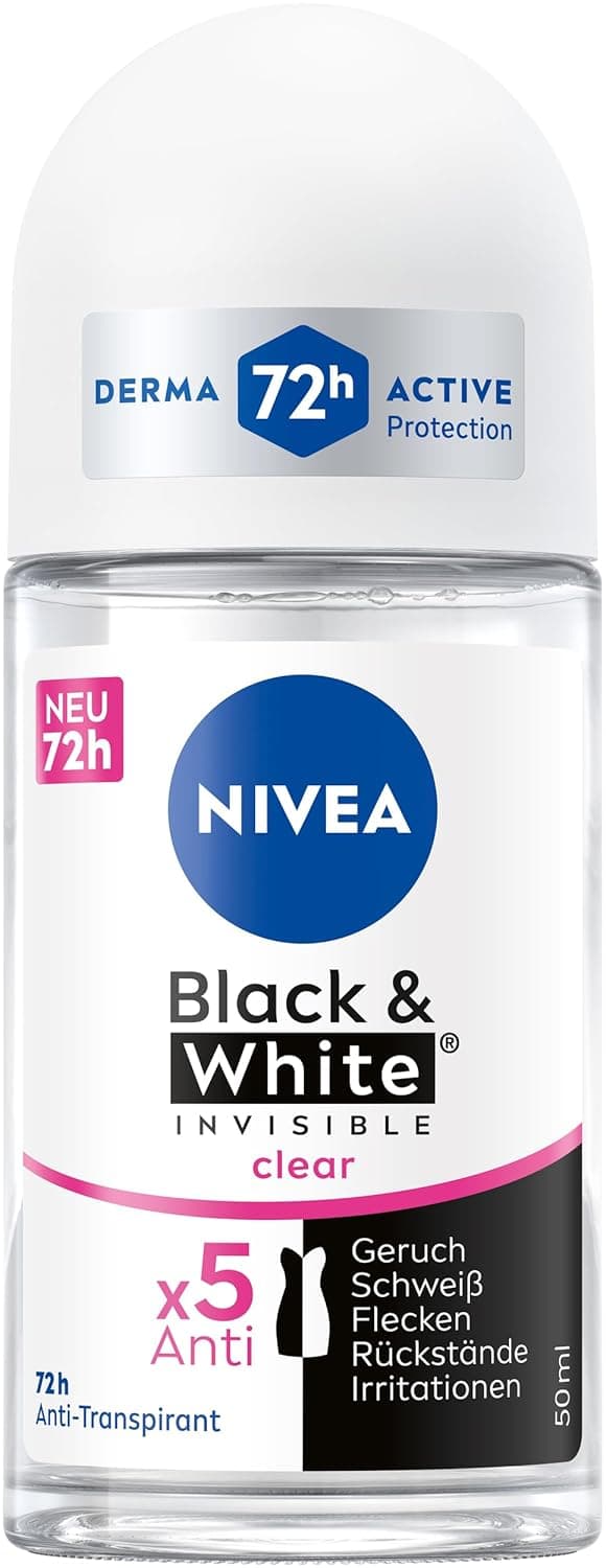 Detalle de NIVEA Black & White Invisible Clear Deodorant Roll-On (50 ml) – Anti-Flecken-Formel ohne Ethylalkohol