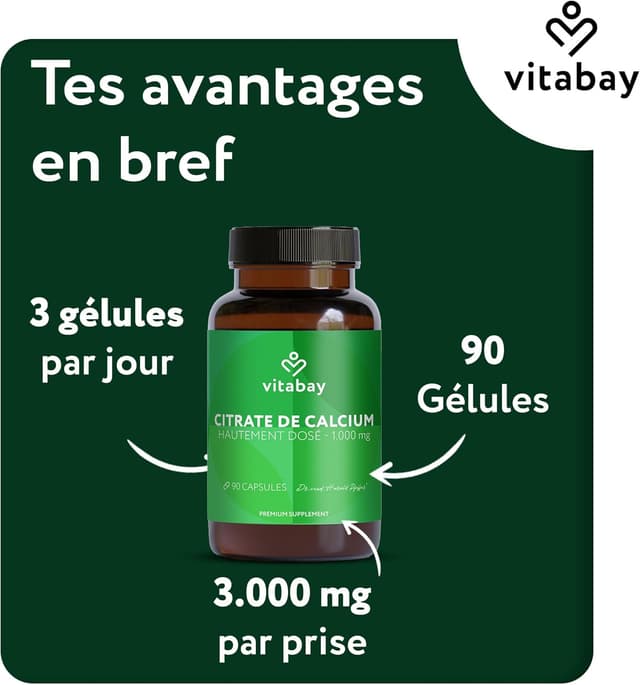 Detalle de Vitabay Calcium 1000 mg (90 gélules véganes) au citrate de calcium
