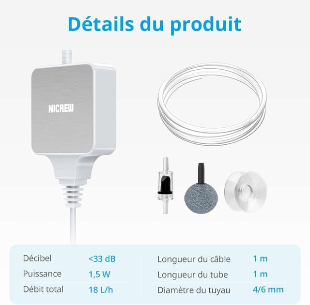 Detalle 2 de NICREW Bulleur Aquarium ultra-silencieux < 33 dB, mini pompe à air 18 L/h pour nano aquariums