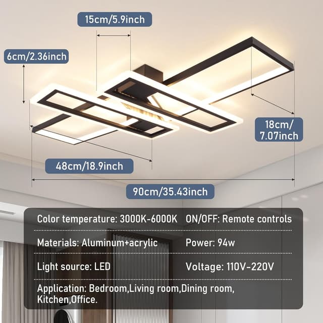 Detalle de EIDISUNY 94W Dimmable Rectangle LED Ceiling Light with Remote (Black)
