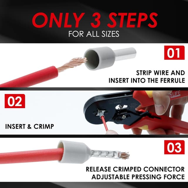 Detalle de CCLIFE Pince à sertir auto-réglable pour câbles 0,25 à 10 mm² (AWG 23-7) avec 1200 embouts