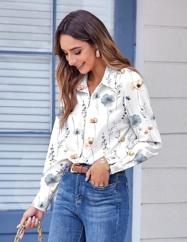 Detalle 2 de Zeagoo Button Down Floral Blouse Long Sleeve