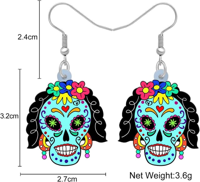 Detalle de LONYOO Acryl-Schädel-Ohrhänger für Halloween und „Tag der Toten“ – leicht, beidseitig bedruckt, mit Samtbeutel