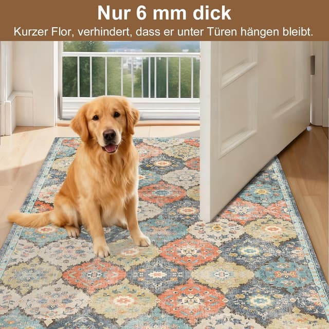 Detalle de WTHYGB Teppich Läufer für Flur & Küche (80x300 cm) – rutschfest, waschbar, Blumen/Boho