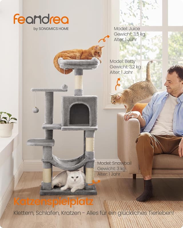 Detalle de Feandrea Kratzbaum PCT261W01 (112 cm) mit 4 Kratzsäulen, 2 Plattformen und Hängematte