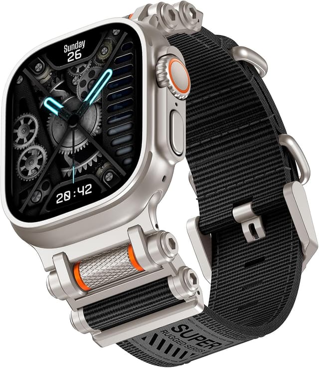 Detalle de TAURI rugged braided nylon Apple Watch Ultra strap (49mm) with stainless steel connectors – adjustable woven band in black