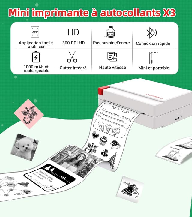 Detalle 2 de ORGBRO Mini Imprimante thermique X3 Bluetooth (300DPI) pour autocollants et DIY